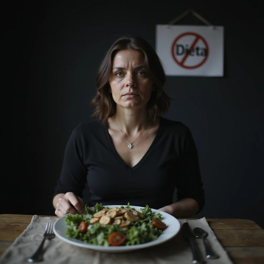 ultra realistic photo of an adult woman sitting in front of a salad plate, downcast gaze, cutlery placed as if heavy, dark atmosphere, cold light, minimalist kitchen background, sign 'Dieta' styled like a prohibition sign, environment conveying constraint emoji