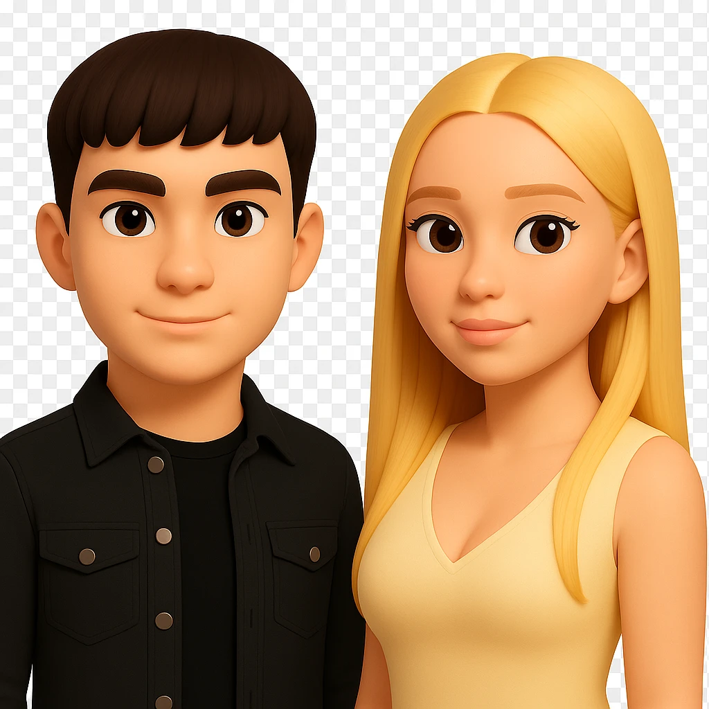 Slightly increase the volume of the upper body of the girl, separate the girl and the boy from each other, make the skin color the same for both characters. Maintain the cartoonish 3D style and keep the background transparent. The original style is cartoonish 3D. emoji