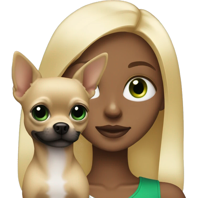 Blonde girl with green eyes and fully black chihuahua emoji