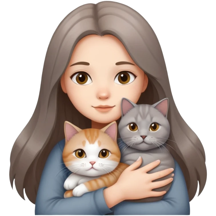 A long-haired girl hugs a British shorthair cat with a brown and white gradient emoji