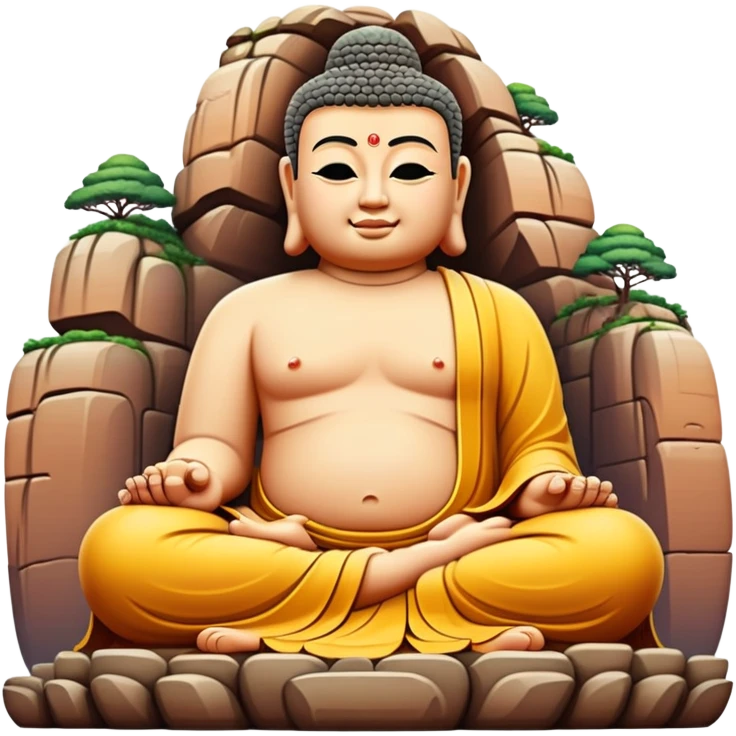 Leshan Giant Buddha massive stone statue, simplified emoji style with bold outlines and bright colors, cartoon style sitting Buddha carved in cliff emoji