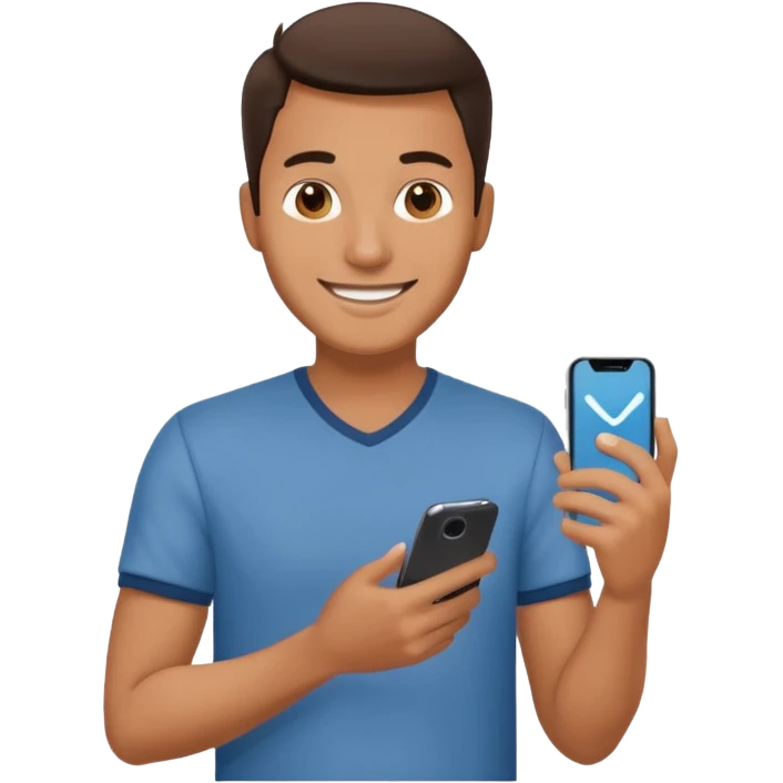 man casual clothes holding a phone emoji