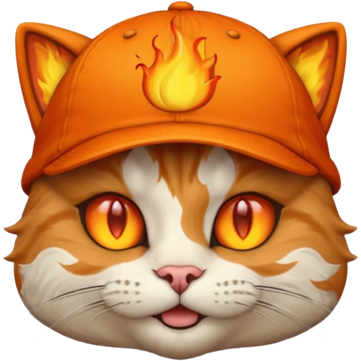 Cat with the flames in his eyes with a orange baseball hat on his head emoji