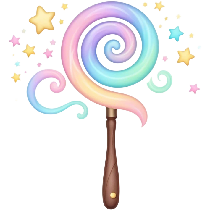 Cinematic cute magical wand, pastel swirls of color, tiny twinkling stars floating around, glowing softly, chubby rounded edges, whimsical and dreamy. emoji