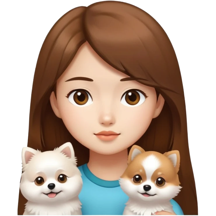 Brown hair asian girl look at white Pomeranian  emoji