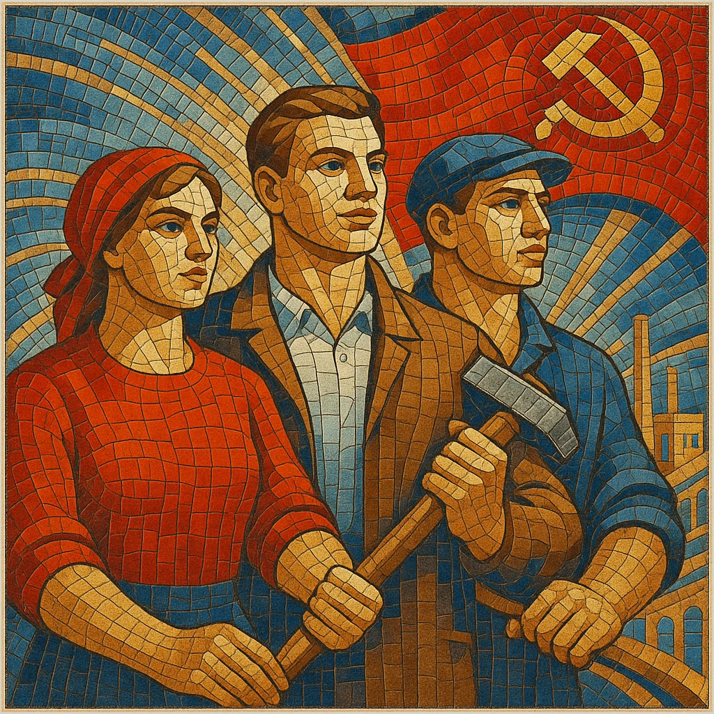 Soviet mosaic artwork reimagined as a modern Kerama Marazzi tile, detailed and colorful emoji