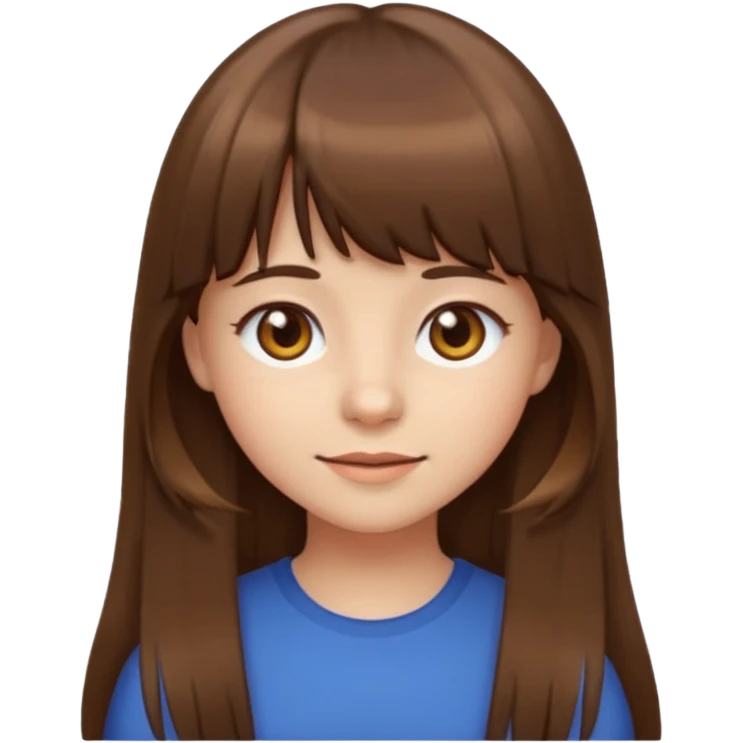 girl emoji style, long brown hair with bangs, brown eyes, neutral expression emoji