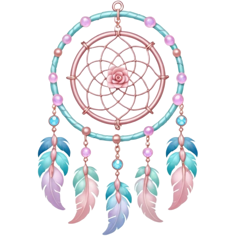 Rosy shiny glossy sparkly romantic pastel crescent damask moon with rose quartz pastel vines pastel gems pastel beads with feathers and chains  suncatcher-dreamcatcher emoji