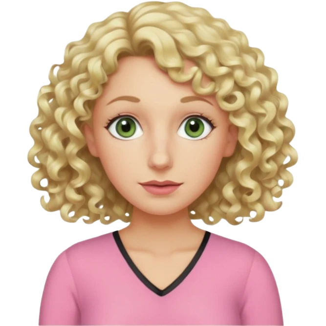 a woman in her late 40s and has greyish greenish eyes and blonde curly hair wearing a pink top  triangle nose emoji