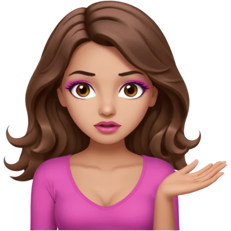 girl with long wavy brown hair, brown eyes, long lashes makeup, sexy pink lips, light to medium complexion, pink sexy top, shrugging with both hands, confused emoji