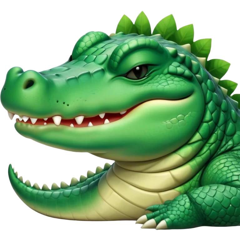 Meme-Worthy Cute Sleeping Crocodile Portrait Emoji, Head resting peacefully with a contented smile, showcasing a robust, powerful build and a luxuriously soft textured emerald-green hide, eyes shut in a serene, restful nap, Simplified yet hilariously adorable features, highly detailed, glowing with a soft, drowsy light, high shine, relaxed and utterly lovable, stylized with an air of playful laziness, bright and heartwarming, soft glowing outline, capturing the essence of a comically sleepy crocodile, so meme-worthy it feels like it could instantly become the next viral sensation of adorable reptilian slumber! emoji