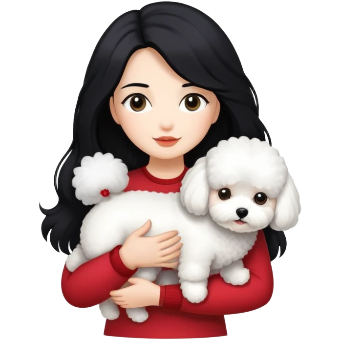 woman with long black hair holding white fluffy Bichon Frise dog emoji