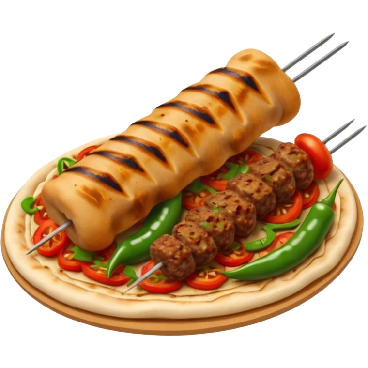 Adana kebab object icon, spicy grilled minced meat skewer, served on flatbread, grilled tomatoes and green peppers on the side, smoky char marks, juicy texture, 3D cartoon, mobile game icon style, centered, clean background, no text, no watermark
 emoji