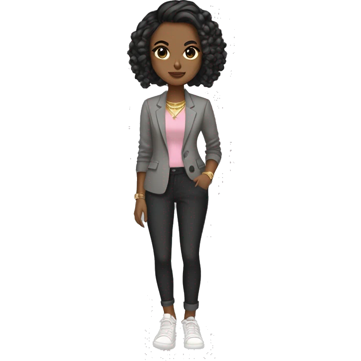 Light brown girl with black low bun, gold bracelet, gold rings, gold nose ring, gold rings, with a gray shirt, a blazer, plaid pants, and white sneakers, and dark brown eyes, and pink lips  emoji