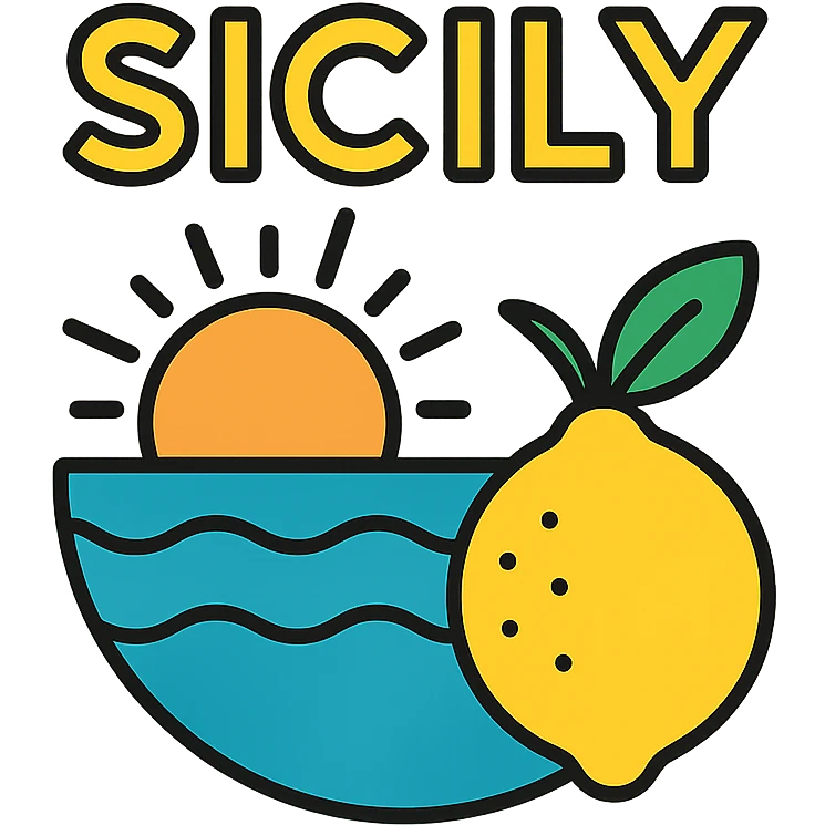 Sicily logo with Mediterranean vibes, sun, sea, and lemon elements, fresh and inviting emoji