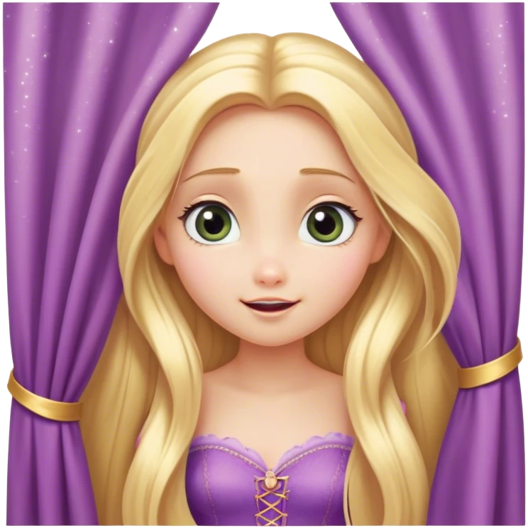 Cinematic Adorable Rapunzel Portrait Emoji, Playfully peeking out from behind a curtain of hair, big sparkling eyes, cheeks flushed with excitement, exuding charm and innocence, an absolute delight! emoji