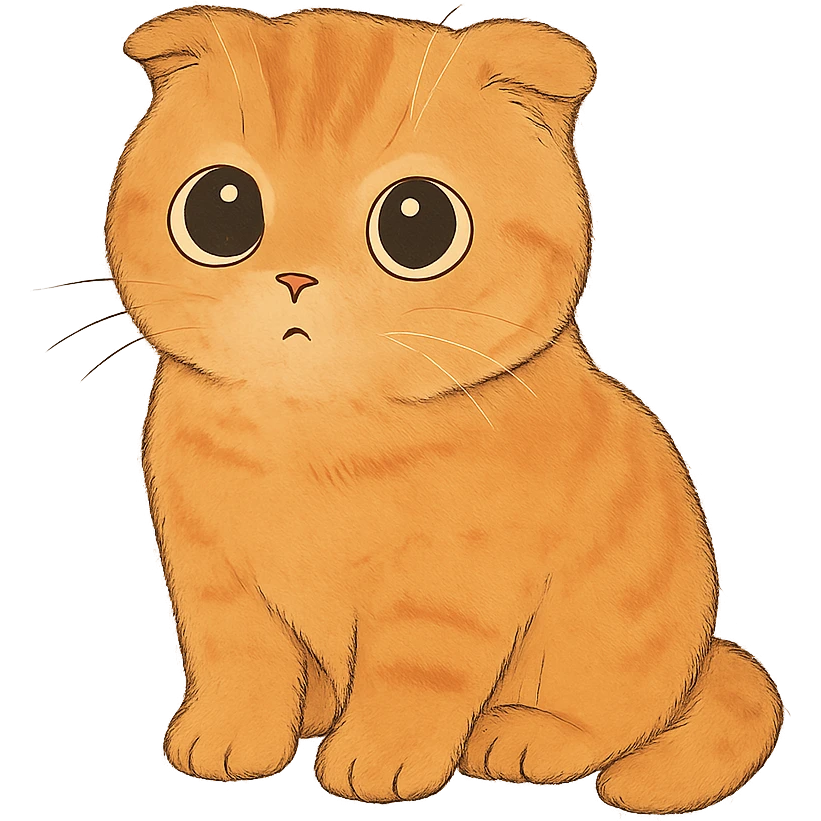 orange scottish fold kitten sitting, round innocent eyes emoji