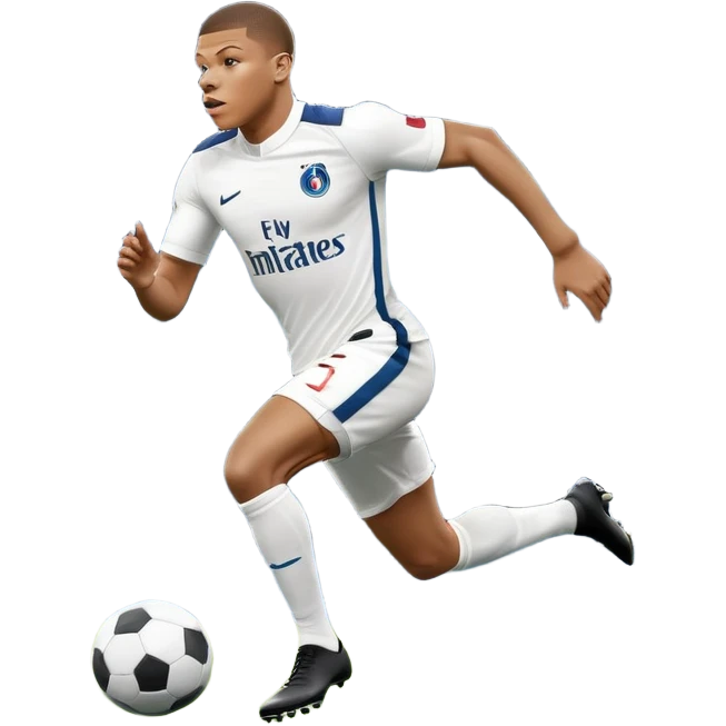 An icon showing Kylian Mbappé running with the ball on a football field during a match. The design captures his speed and focus, with dynamic motion lines and a vibrant background of the field and stadium lights. Transparent background emphasizes the action. emoji