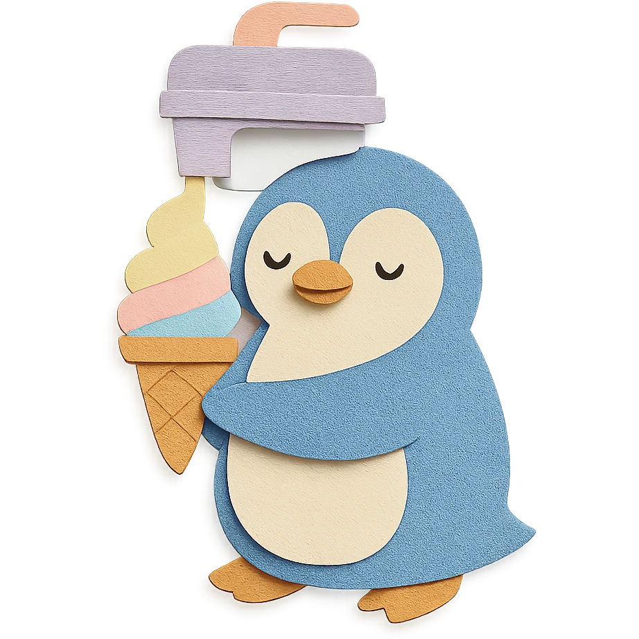 fluffy ice cream maker penguin making pastel rainbow ice cream, pastel colors, full-body emoji