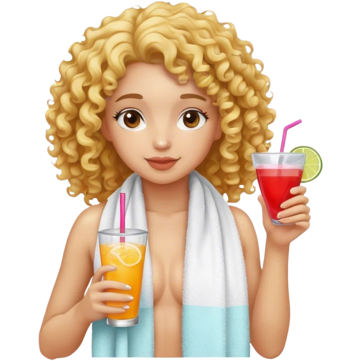 Chica con pelo rizado puesta una toalla y tiene una bebida cojida en la mano  emoji