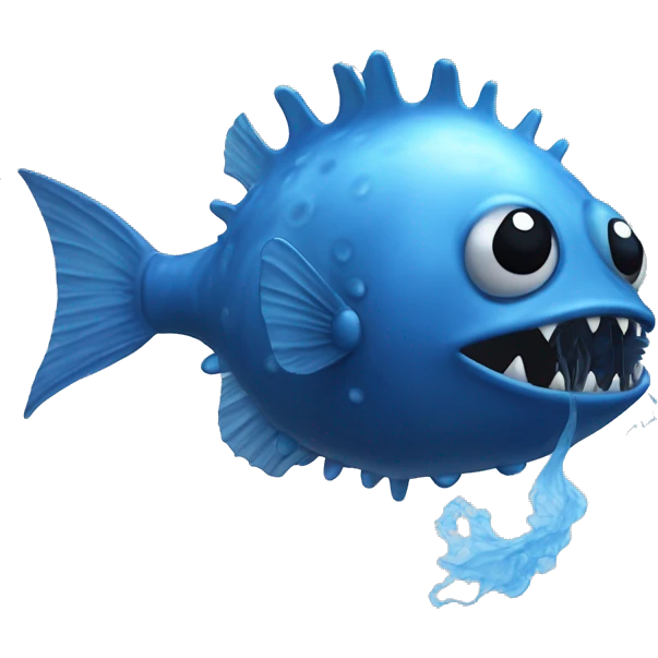 A blue angler fish with no lure and having blue smoke surrounding it ￼ emoji