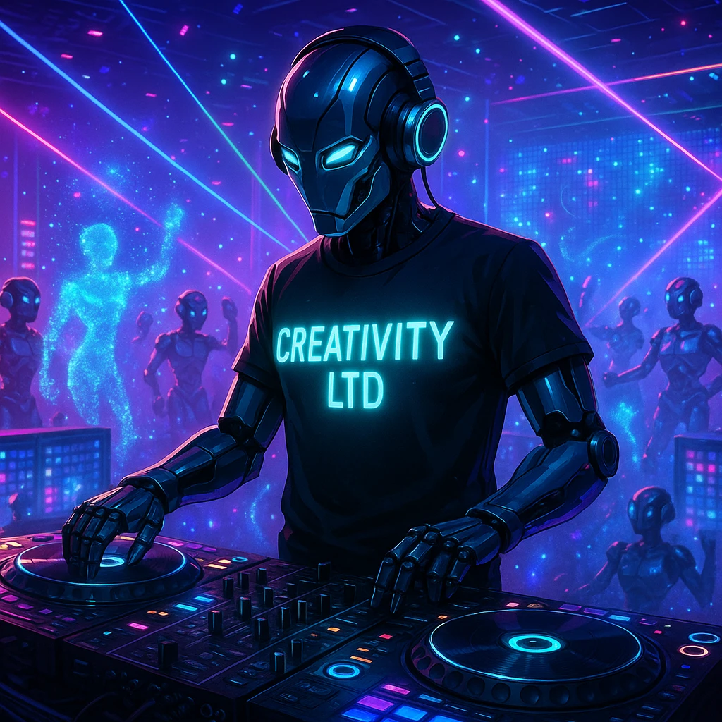 sleek robot DJ in black t-shirt with glowing 'CREATIVITY LTD' text, performing at high-tech party, booth with LED panels, neon lights, lasers, robots dancing, holographic effects filling space, glowing t-shirt symbolizing individuality emoji