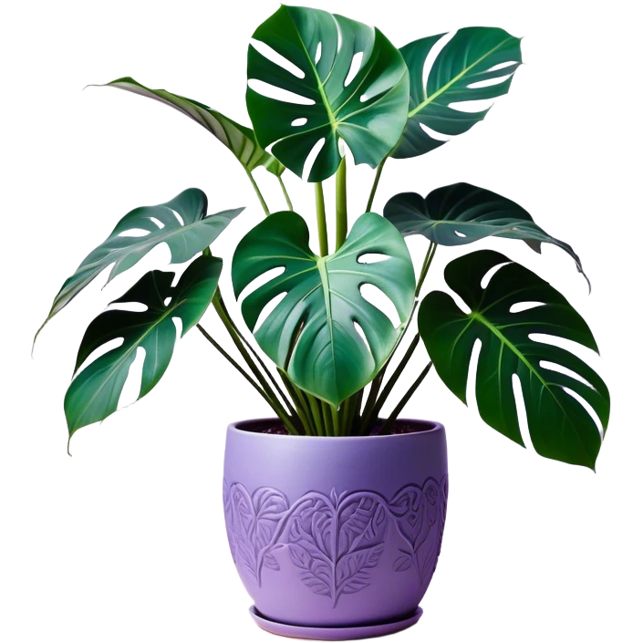 A stunning monstera plant with deep violet-green leaves, each leaf elegantly veined with subtle shades of purple, creating an ethereal glow. The plant is flourishing in a beautifully crafted lavender ceramic pot with intricate embossed floral patterns. The background features a softly blurred, moody violet gradient, enhancing the plant’s lush aesthetic. Delicate strands of ivy and tiny lavender blossoms cascade around the pot, adding depth and harmony. Soft, diffused lighting casts a gentle glow, emphasizing the plant’s unique coloration and creating a dreamy, artistic composition. emoji