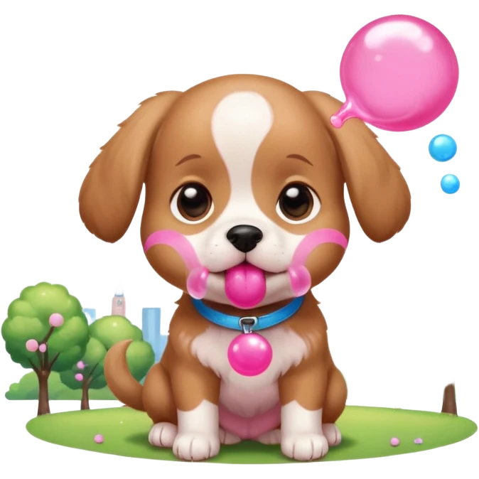 Cute tiny puppy blowing bubblegum at the park emoji