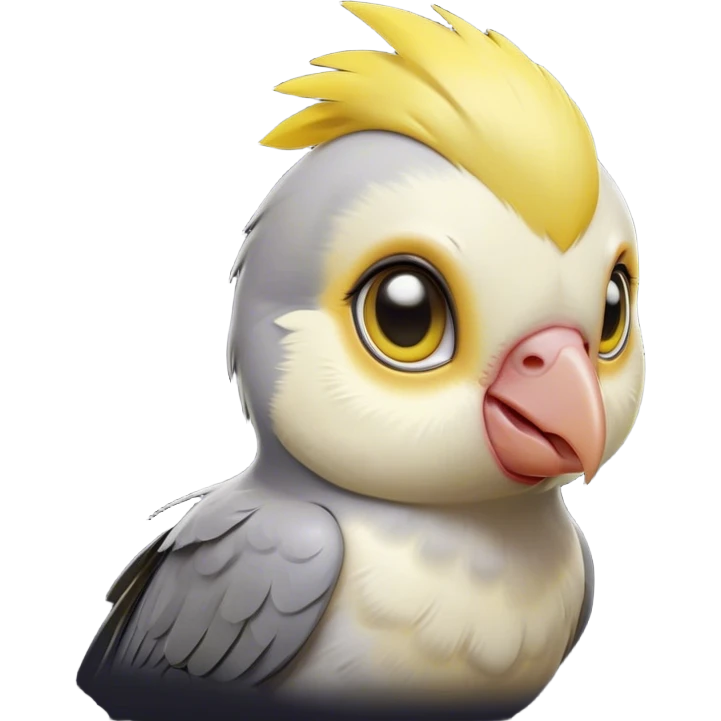 Cinematic Cute Cockatiel Portrait Emoji, Head tilted playfully and inquisitively, featuring a smooth grey fur with bright yellow accents and a perky crest, round, sparkling dark eyes filled with curiosity, Simplified yet irresistibly adorable features, highly detailed, glowing with a warm, friendly glow, high shine, affectionate and lively, stylized with a touch of whimsy, bright and endearing, soft glowing outline, capturing the essence of a mischievous yet loving cockatiel, so playful it feels like it could chirp out of the screen and into your arms! emoji