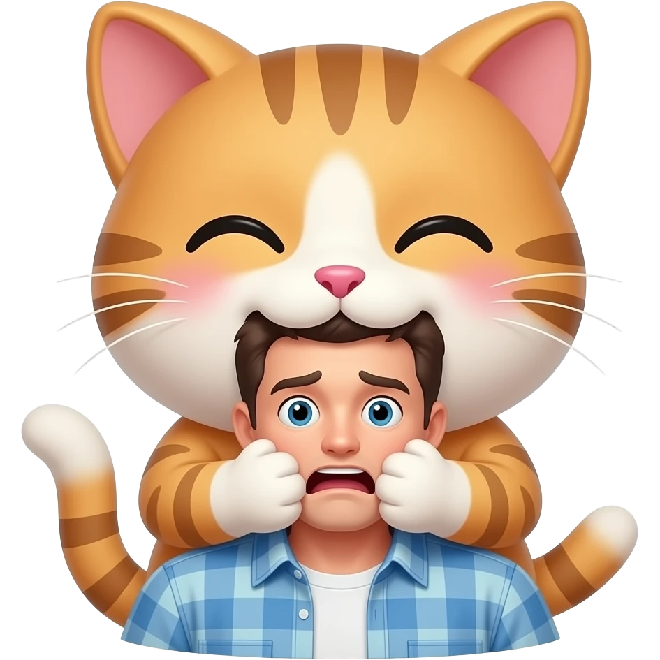 Cute smiling cat holding the mouth of a scared man completely shut from behind. Mouth completely covered emoji