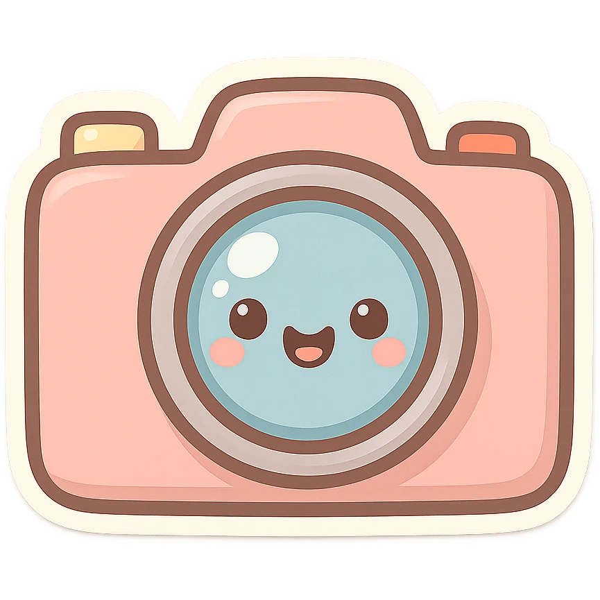chibi sticker-style camera with a smiling face, cute and exaggerated emoji