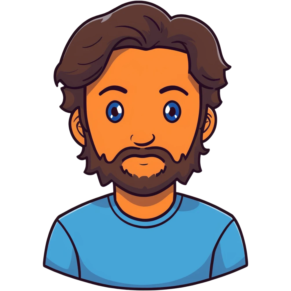Lebanese man with one blue eye and one brown eye, dark brown longish wavy hair, light beard, closed mouth, kind expression, blue shirt emoji