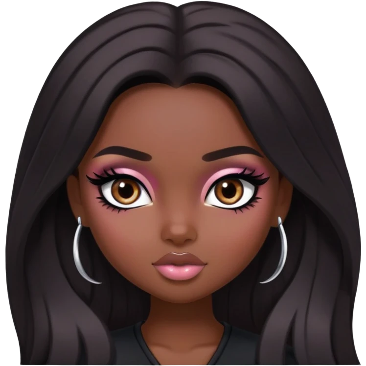  long dark hair, dark skin skin, dark brown eyes, pretty bratz baddie, black eyeliner, blush emoji