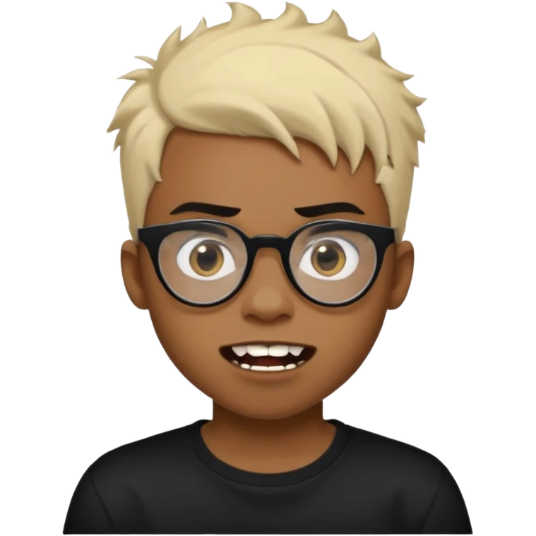 Black Male Teenager with Short punk messy blonde hair, Dark brown bushy eyebrows large expressive golden-brown eyes, wearing a plain white t-shirt, wearing thick black glasses, Dark Brown skin color. Showing off his singular vampire tooth emoji