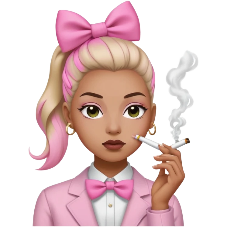 Smoking weed with low eyes and pink bow in hair in a slick back ponytail emoji