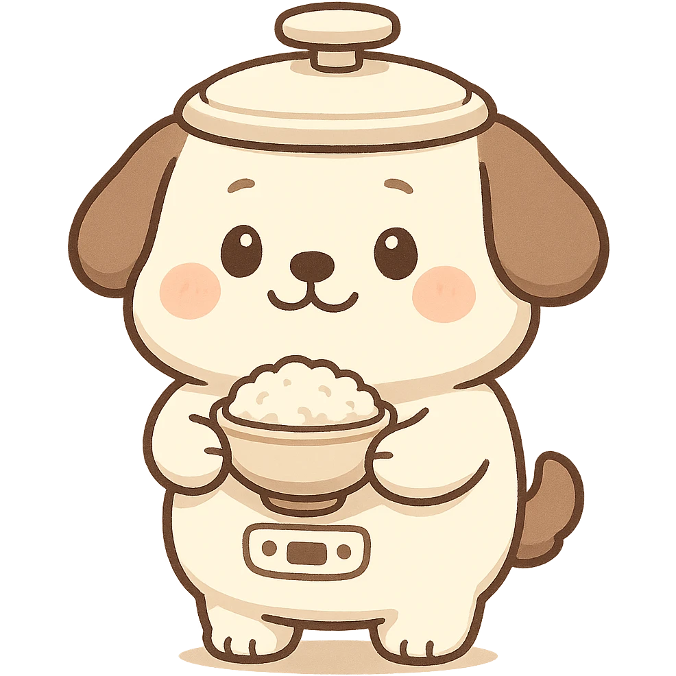 cute chibi rice cooker dog, round belly, holding a rice bowl, soft cream and brown tones, full-body emoji