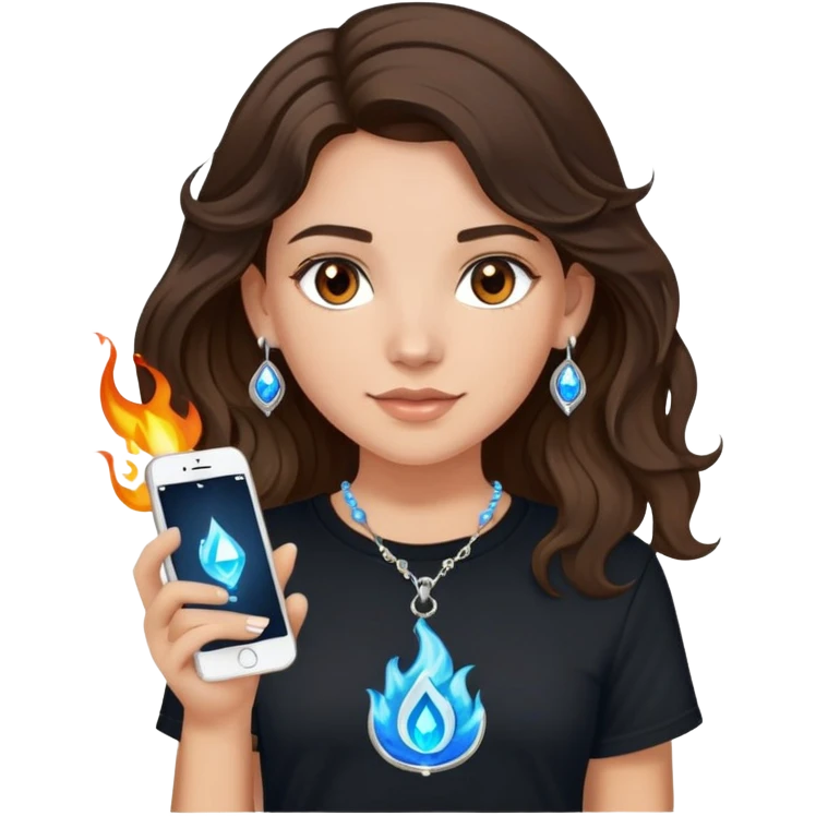 brunette girl with wavy medium length hair, brown eyes, light/medium skin tone, holding iPhone and light phone, wearing black tee shirt with flame pattern on it, small silver hoop earrings with blue gem stars, and colorful beaded charm necklace emoji