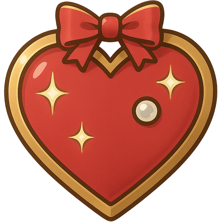 Add a small ribbon to the tiny red heart, pastel red enamel, sparkling gems, gold outline, soft glowing effect, no background, in a general style. emoji