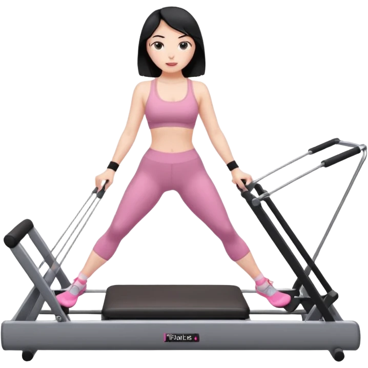 Create a Pilates emoji: a girl with fair skin and black hair, wearing a grey bra and leggings with pink socks, exercising on a pilates reformer and not looking at the camera emoji
