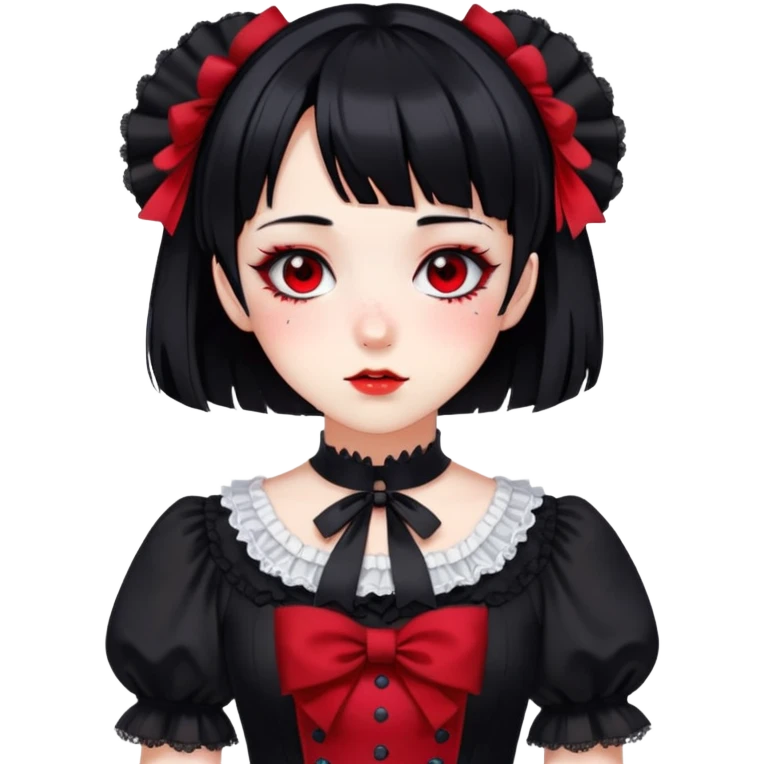 Gothic anime lady with short black hair, black and red Lolita dress, freckles, makeup emoji