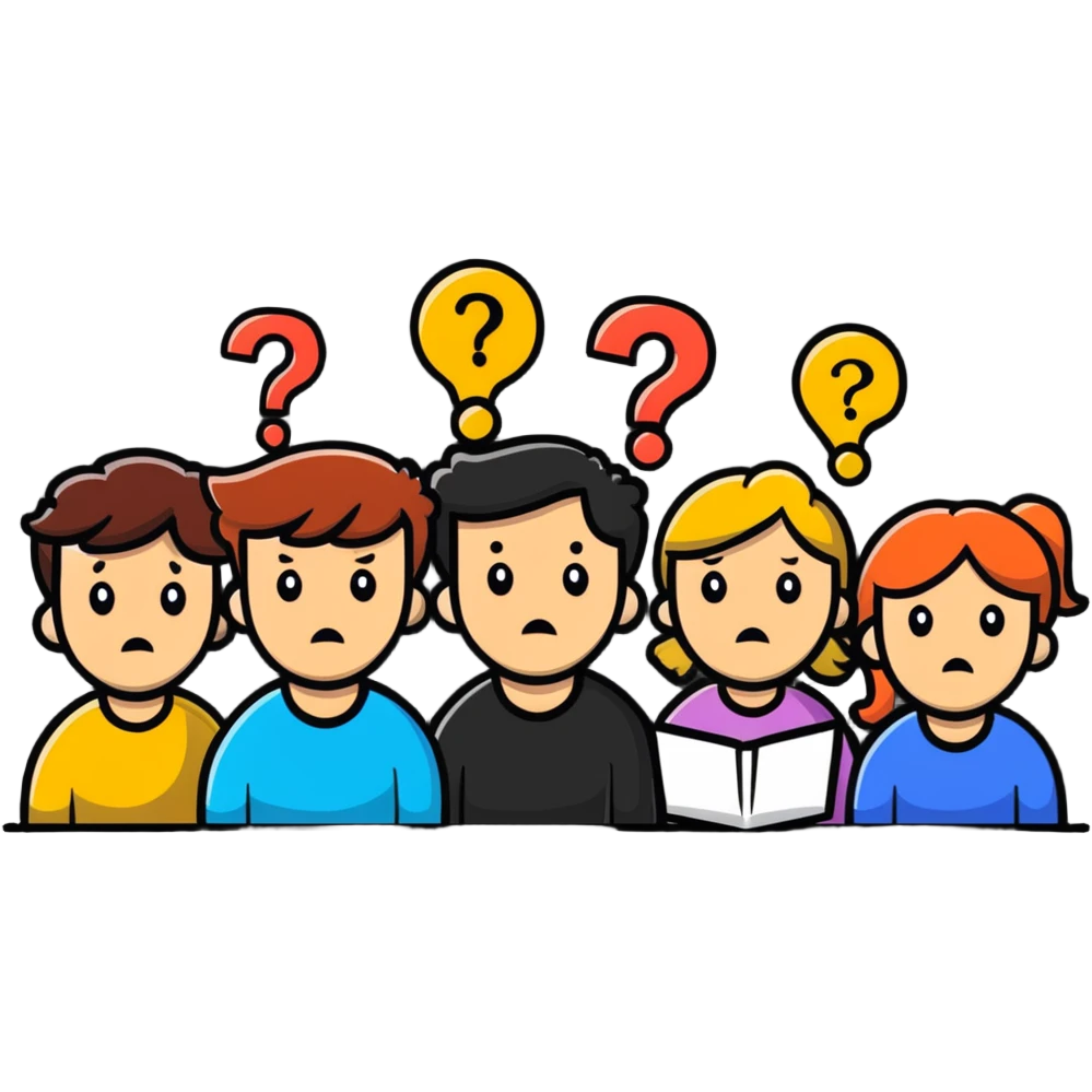 Team of people with bewildered expressions and question marks around them emoji