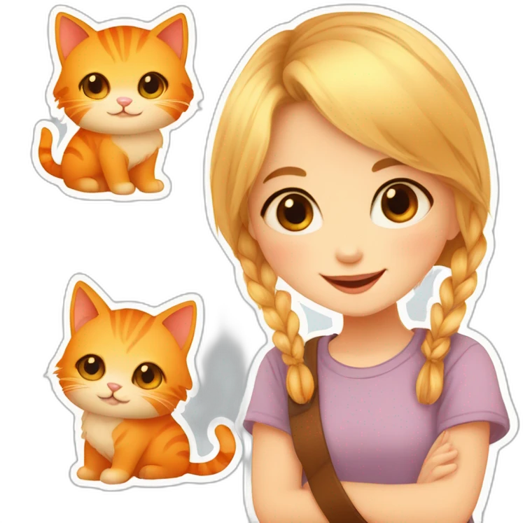 drawing of a little blonde girl with brown eyes, with her orange cat , smiling sweetly, sticker for telegram, cutie, cute illustration, with hyperdetals, cute art emoji