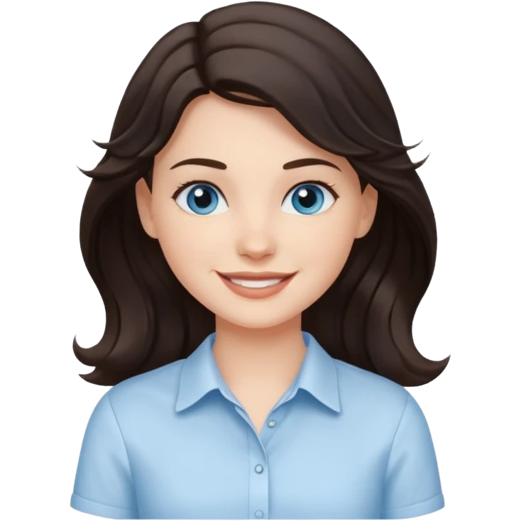 A White girl with wavy and dark hair, light blue eyes and a white shirt smiling emoji