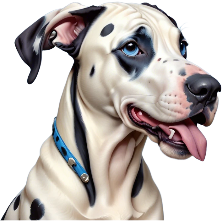 Cinematic Cute Yawning Harlequin Great Dane Portrait Emoji, Head tilted slightly with a dramatic, wide-open yawn, showcasing a smooth coat of predominantly white with bold black patches, floppy ears slightly drooping, round blue eyes barely open in drowsy contentment, Simplified yet irresistibly adorable features, highly detailed, glowing with a soft, cozy glow, high shine, relaxed yet expressive, stylized with a touch of whimsy, bright and endearing, soft glowing outline, capturing the essence of a sleepy yet affectionate guardian, so drowsy it feels like it could stretch out of the screen and curl up for a nap! emoji