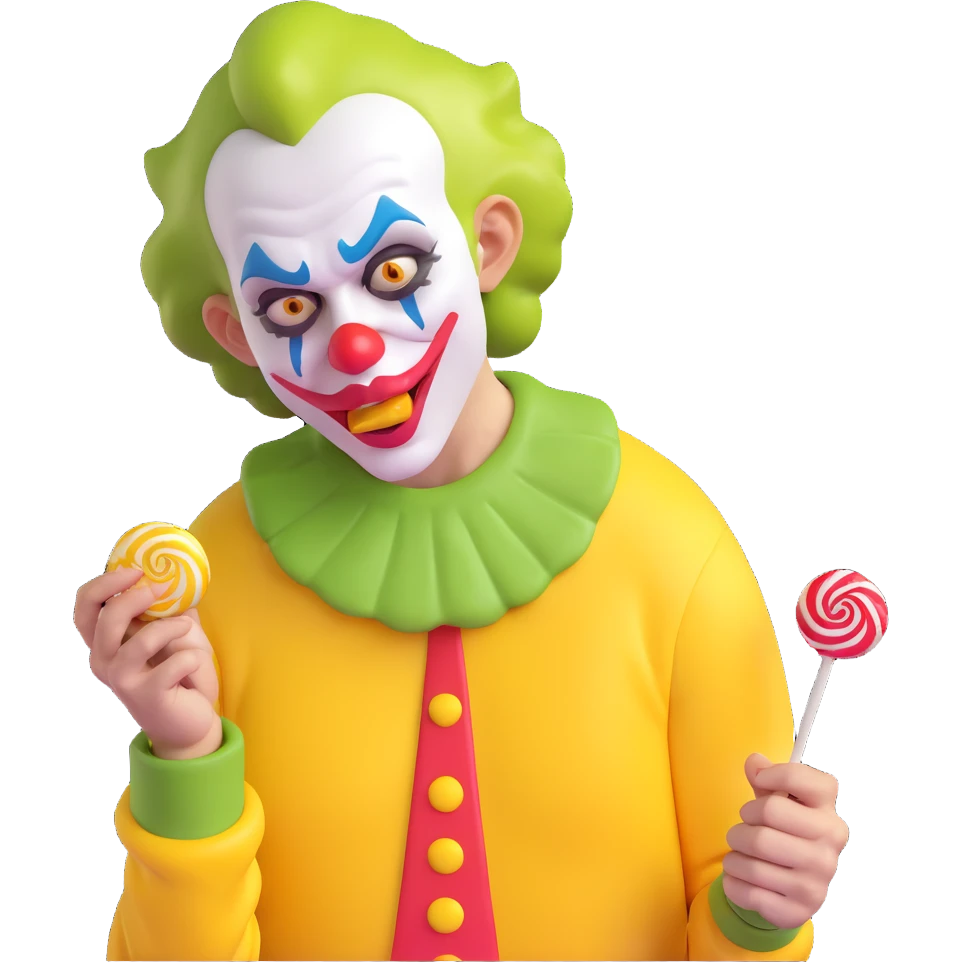 comically ugly clown-like joker, dressed in a yellow jersey, crying and licking a lollipop emoji