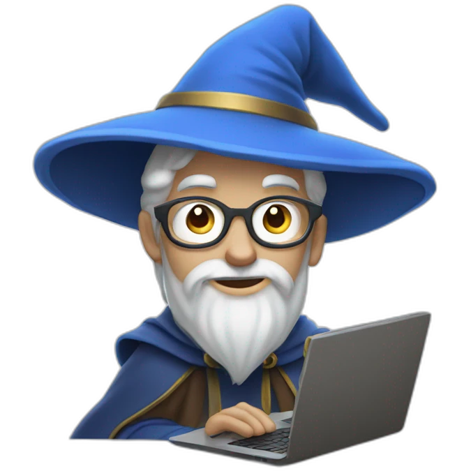 wizard Merlin with a laptop and blue hat in Pixar style emoji