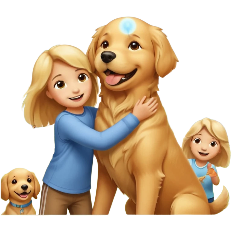 A Golden Retriever playing with children in a park, joyful interaction, warm sunlight, natural smiles, photorealistic family scene. emoji