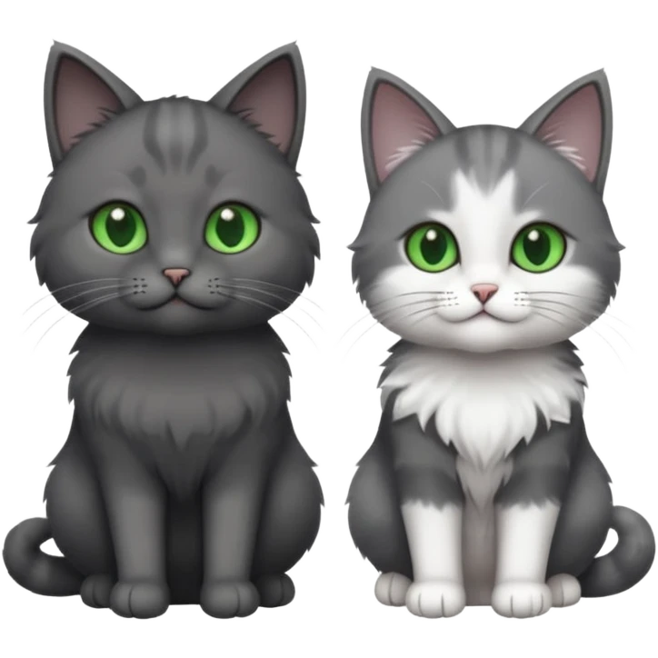 2 different coloured grey cats including one dark grey and white cat and one completely solid dark grey cat with green eyes and only white paws emoji
