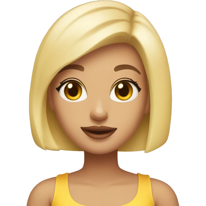 Girl with blonde bob cut in a mid part, olive eyes, pale pink lips, wearing a yellow tube top emoji