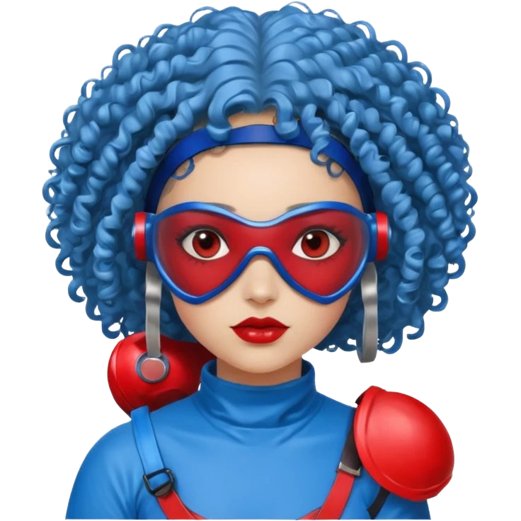 blue curly haired girl with huge earrings, wearing red paintball helmet and eye protection, only face  emoji